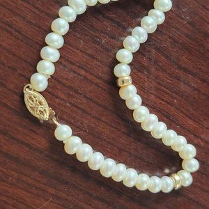 14k Yellow Solid Gold Beads & Real Pearls ~5mm White Pearls Bracelet 7.5"